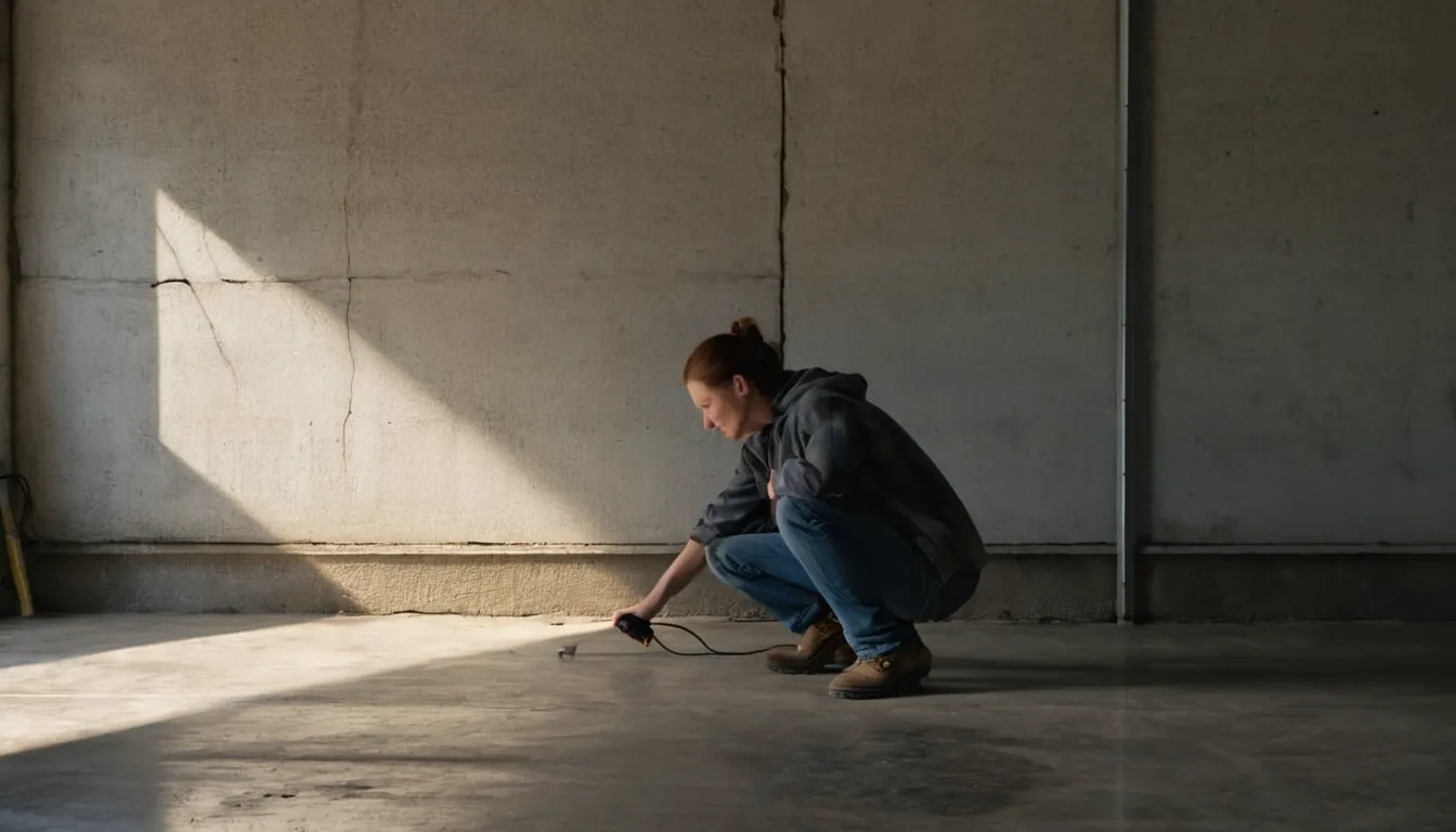 A homeowner checking a hairline crack on a concrete garage floor